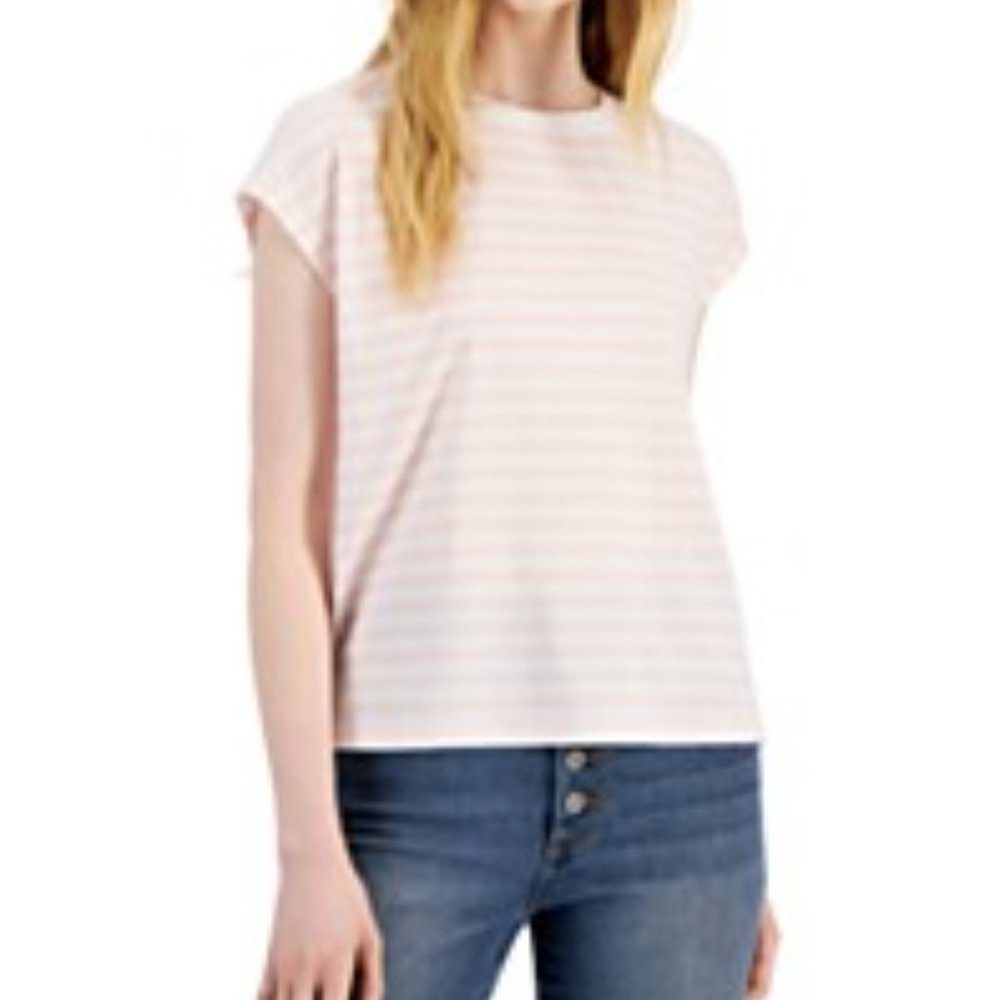(NWT) Style & Co Women's Cotton Stripped Muscle T shirt XLarge XL Peach White